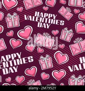 Vector Valentine's Day seamless pattern, repeating background with illustration of different outline valentines hearts, red gift boxes and text happy Stock Vector