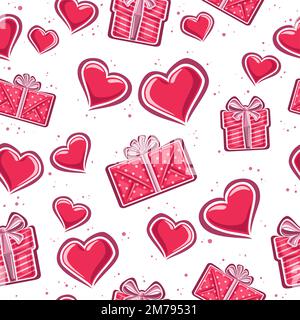 Vector Valentine's Day seamless pattern, repeating background with set of various contour valentines hearts, red gift boxes with bows and decorative c Stock Vector