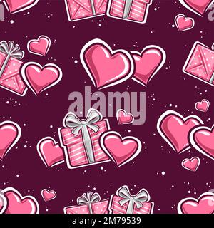 Vector Valentine's Day seamless pattern, square repeating background with illustration of set different contour valentines hearts, red gift boxes with Stock Vector