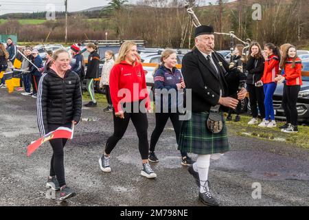 Ballylickey, West Cork, Ireland. 8th Jan, 2023. St. Colums (Cork) GAA Club held a homecoming for its All-Ireland player, Libby Coppinger today. Libby was piped into the event by piper Donal Kelleher, Ballingeary and flanked by club players Hannah Triggs Shankey and Aoife O'Mahony. Credit: AG News/Alamy Live News Stock Photo