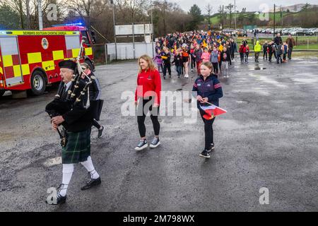 Ballylickey, West Cork, Ireland. 8th Jan, 2023. St. Colums (Cork) GAA Club held a homecoming for its All-Ireland player, Libby Coppinger today. Libby was piped into the event by piper Donal Kelleher, Ballingeary and flanked by club players Hannah Triggs Shankey and Aoife O'Mahony. Credit: AG News/Alamy Live News Stock Photo