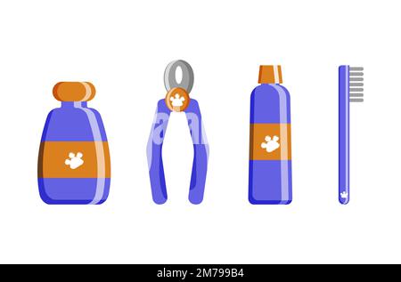 Flat icon with shampoo pet, nail clippers, comb on white background. Icon symbol. Flat vector illustration. Funny vector illustration. White background. Vector illustration Stock Vector