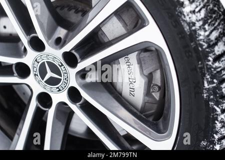 MOSCOW, RUSSIA - FEBRUARY 02, 2022. Mercedes-Benz Logo On The Mercedes-Benz  C-Class 200 Steering Wheel. Steering Wheel Close Up View. Stock Photo,  Picture and Royalty Free Image. Image 196716867.