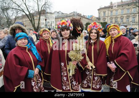 Lviv, Ukraine 8 january 2023. Participant with a star during folk
