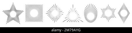 Sunburst, sunbeams inscribed in triangle, square, star, oval and rhombus shape for your design. Stock Vector