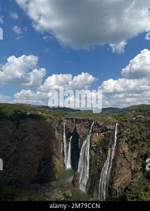 A vertical scenic view of Jog Falls Waterfall on the Sharavati river in Karnataka, India Stock Photo