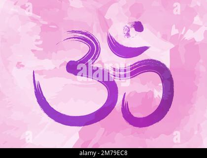 Om, Aum colorful symbol, purple watercolor style. Om ink icon Chinese Calligraphy. Samsara logo design. Vector isolated on pink background Stock Vector