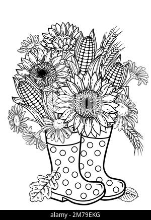Vector coloring book page for adults. A bouquet of chamomiles, corn, sunflowers, stands in rubber boots instead of a vase. Black and white illustratio Stock Vector