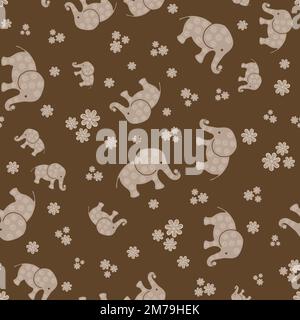 Cute baby elephant vector seamless pattern background. Adorable simple beige brown gender neutral backdrop with naive hand drawn elephants. Geometric Stock Vector