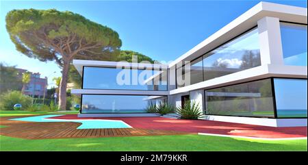 Sun rays play on the paved area in the yard of the contemporary country dwelling for people with middle income. 3d rendering. Stock Photo