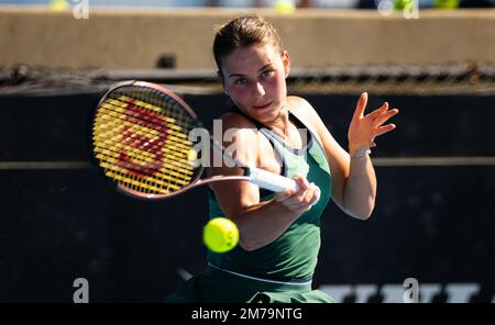 Marta Kostyuk of Ukraine in action during the first qualifications round of  the 2022 Dubai Duty Free Tennis Championships WTA 1000 tennis tournament on  February 12, 2022 at The Aviation Club Tennis