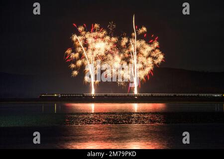 The Northern Belle luxury dining train stopped for a fireworks display laid on specially for the passengers at Arnside, Cumbria Stock Photo