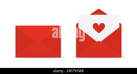 Vector 3d Realistic Closed, Opened Red Envelope with Heart Icon Set Closeup Isolated. Envelope with Paper Sheet Inside. Invitation, Message, Letter Stock Vector