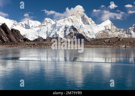 View of Mount Makalu and lake near Kongma La pass, three passes trek, way to Everest base camp, Khumbu valley, Sagarmatha national park, Nepal Himalay Stock Photo