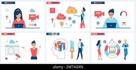 Website coding and interface improvement, online research and video marketing, blogging set vector illustration. Cartoon tiny people work on creative thinking in blog and web code development Stock Vector