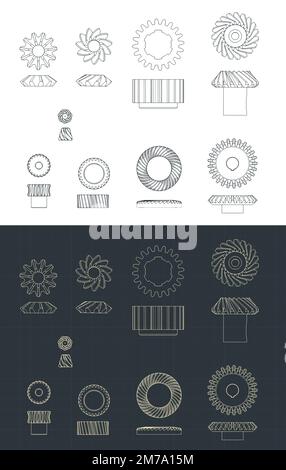 Stylized vector illustrations of blueprints of different types of gears Stock Vector