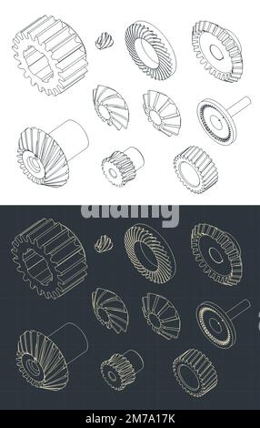 Stylized vector illustrations of isometric blueprints of different types of gears Stock Vector