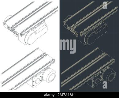 Stylized vector illustrations of isometric blueprints of double belt conveyor with bottom drive close up Stock Vector