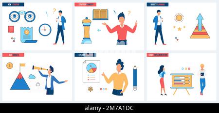 System solutions for budget planning, startup implementation strategy set vector illustration. Cartoon tiny people launch new product or brand, watch future business targets through telescope Stock Vector