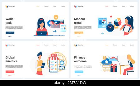Business analytics of financial results, modern global trends and work tasks set vector illustration. Cartoon tiny people work on data and sales analysis, stats report on dashboard of phone or laptop Stock Vector