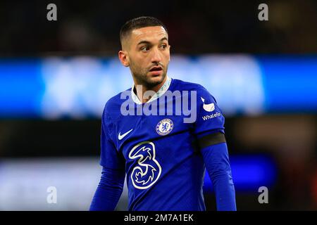 Manchester, UK. 08th Jan, 2023. Hakim Ziyech #22 of Chelsea during the FA Cup Third Round match Manchester City vs Chelsea at Etihad Stadium, Manchester, United Kingdom, 8th January 2023 (Photo by Conor Molloy/News Images) in Manchester, United Kingdom on 1/8/2023. (Photo by Conor Molloy/News Images/Sipa USA) Credit: Sipa USA/Alamy Live News Stock Photo