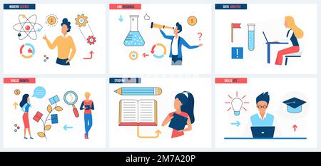 Laboratory research and data analysis in modern science, process of learning and skill growth set vector illustration. Cartoon tiny scientists work with tool and equipment on scientific breakthrough Stock Vector