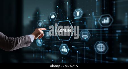 Businessman presses a button Scrum process software development outline concept Stock Photo