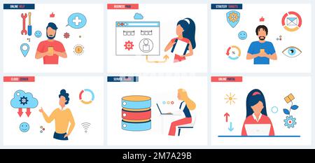 Online help of technical service, maintenance of online portal and business web page, cloud server by administrators set vector illustration. Cartoon tiny people work with software to fix problem Stock Vector