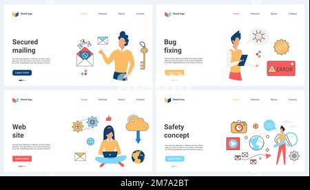 Secure email and cyber security, bug fixing and online antivirus protection set vector illustration. Cartoon tiny people protect account privacy and identity from scam or hackers attack and viruses Stock Vector