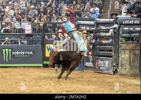 New York, New York, USA. 7th Jan, 2023. (NEW) 2023 Professional Bull Riders Unleash The Beast At The Garden. January 07, 2023, New York, New York, USA: Ednei Caminhas rides Bullseye during second round of the Professional Bull Riders 2023 Unleash The Beast event at Madison Square Garden on January 7, 2023 in New York City. Credit: M10s/TheNews2 (Credit Image: © M10s/TheNEWS2 via ZUMA Press Wire) Stock Photo