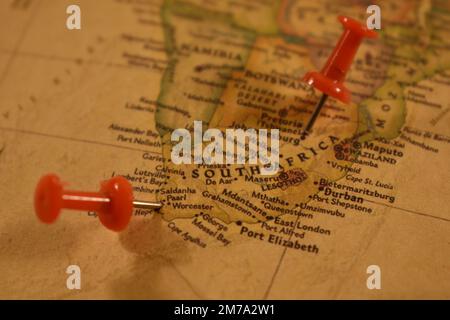 Vintage map of South Africa with a pin on a Cape Town and Pretoria Stock Photo