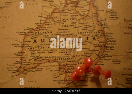 Vintage map of Australia with a pin on a Canberra, Sydney and Melbourne Stock Photo