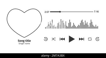 Music player interface design with heart shaped song photo frame, different buttons, loading bar with timer and equalizer. Horizontal arrangement. Vector illustration isolated on white background Stock Vector