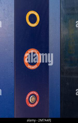 detail in close up of the button, speaker and microphone of a post of virtual police. alert system to communicate citizens with the local police Stock Photo