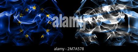 Flags of EU, European Union vs Japan, Japanese, Hyogo Prefecture. Smoke flag placed side by side on black background. Stock Photo