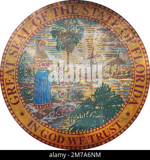 Top view of Great Seal of US Federal State of Florida. United States of America with grunge texture patriot and travel concept. Plane layout, design Stock Photo