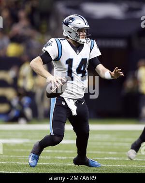 New Orleans, United States. 8th Jan, 2023. Carolina Panthers quarterback Sam Darnold (14) looks to throw against the New Orleans Saints at the Caesars Superdome in New Orleans on Sunday, January 8, 2023. Photo by AJ Sisco/UPI. Credit: UPI/Alamy Live News Stock Photo