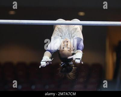 Las Vegas, NV, USA. 7th Jan, 2023. Auburn's Gabby McLaughlin competes on the uneven bars during Session 4 of the Super 16 collegiate woman's gymnastics meet at the Orleans Arena in Las Vegas, NV. Kyle Okita/CSM/Alamy Live News Stock Photo