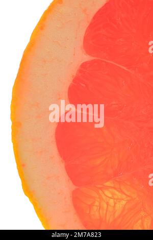 Fresh organic grapefruit slice on white background. Grapefruit close-up. Slice of blood red ripe grapefruit. Texture of red juicy grapefruit. Macro ve Stock Photo