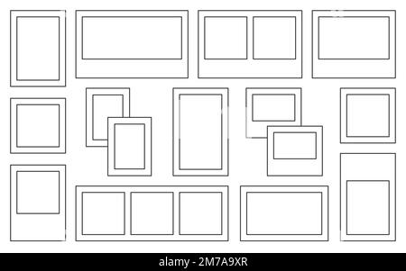 Photo frame blank template border black line set. Design collage scrapbook color drawing sticker planner mood board blank white many shape social media portfolio picture editor coloring kid isolated Stock Vector