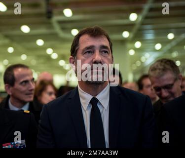 Marseille, France. 6th Jan, 2023. Christophe Castaner seen during a visit by boat of the commercial port of Marseille. Christophe Castaner, former Minister of the Interior under Emmanuel Macron's first five-year term, was elected chairman of the supervisory board of the Grand Port Maritime de Marseille (GPMM) in November 2022. The objectives are to considerably reduce the impact of maritime activities on air quality and to make the Marseille Fos port complex the leading Mediterranean entry point to Northern Europe. President Emmanuel Macron has indicated that he wants to integrate the transp Stock Photo