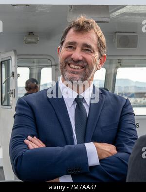 Marseille, France. 6th Jan, 2023. Christophe Castaner seen during a visit by boat of the commercial port of Marseille. Christophe Castaner, former Minister of the Interior under Emmanuel Macron's first five-year term, was elected chairman of the supervisory board of the Grand Port Maritime de Marseille (GPMM) in November 2022. The objectives are to considerably reduce the impact of maritime activities on air quality and to make the Marseille Fos port complex the leading Mediterranean entry point to Northern Europe. President Emmanuel Macron has indicated that he wants to integrate the transp Stock Photo