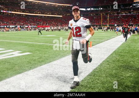 Atlanta, Georgia, USA. 8th Jan, 2023. Tampa Bay Buccaneers quarterback Tom Brady (12) leaves the field after the game against the Atlanta Falcons at Mercedes-Benz Stadium (Credit Image: © Debby Wong/ZUMA Press Wire) Credit: ZUMA Press, Inc./Alamy Live News Stock Photo