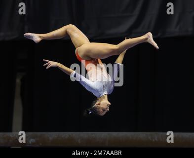 Las Vegas, NV, USA. 7th Jan, 2023. Auburn's Cassie Stevens competes on the balance beam during Session 4 of the Super 16 collegiate woman's gymnastics meet at the Orleans Arena in Las Vegas, NV. Kyle Okita/CSM/Alamy Live News Stock Photo