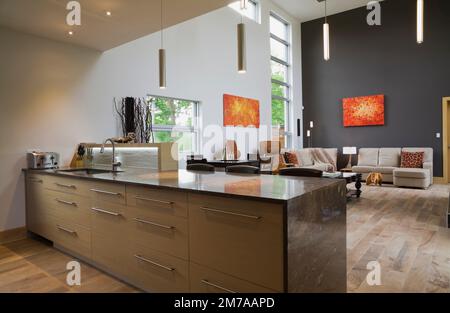 Island with dark grey granite countertop and sink in kitchen with view of living room inside modern cubist style home. Stock Photo