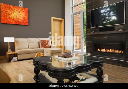 Tan leather sofa and black wooden glass top coffee table with lit gas fireplace in living room inside modern cubist style home. Stock Photo