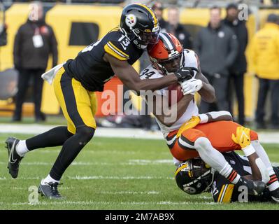 Pittsburgh Steelers cornerback James Pierre (42) lines up during the first  half of an NFL football game against the Atlanta Falcons, Sunday, Dec. 4,  2022, in Atlanta. The Pittsburgh Steelers won 19-16. (