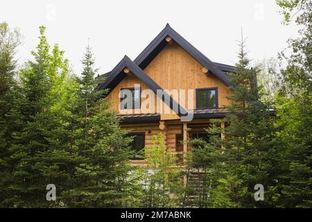 Scandinavian cottage style log home with black trim through evergreen ...