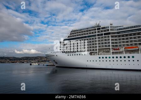 Marseille, France. 6th Jan, 2023. The MSC Magnifica is docked at the cruise terminal of the Port of Marseille. The MSC Magnifica is a cruise ship of the company MSC Cruises, built at the Chantiers de l'Atlantique in Saint-Nazaire.It has 1,259 cabins for the transport of 2,518 passengers and cruises on the Mediterranean sea. (Credit Image: © Laurent Coust/SOPA Images via ZUMA Press Wire) Stock Photo