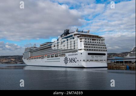 Marseille, France. 6th Jan, 2023. The MSC Magnifica is docked at the cruise terminal of the Port of Marseille. The MSC Magnifica is a cruise ship of the company MSC Cruises, built at the Chantiers de l'Atlantique in Saint-Nazaire.It has 1,259 cabins for the transport of 2,518 passengers and cruises on the Mediterranean sea. (Credit Image: © Laurent Coust/SOPA Images via ZUMA Press Wire) Stock Photo